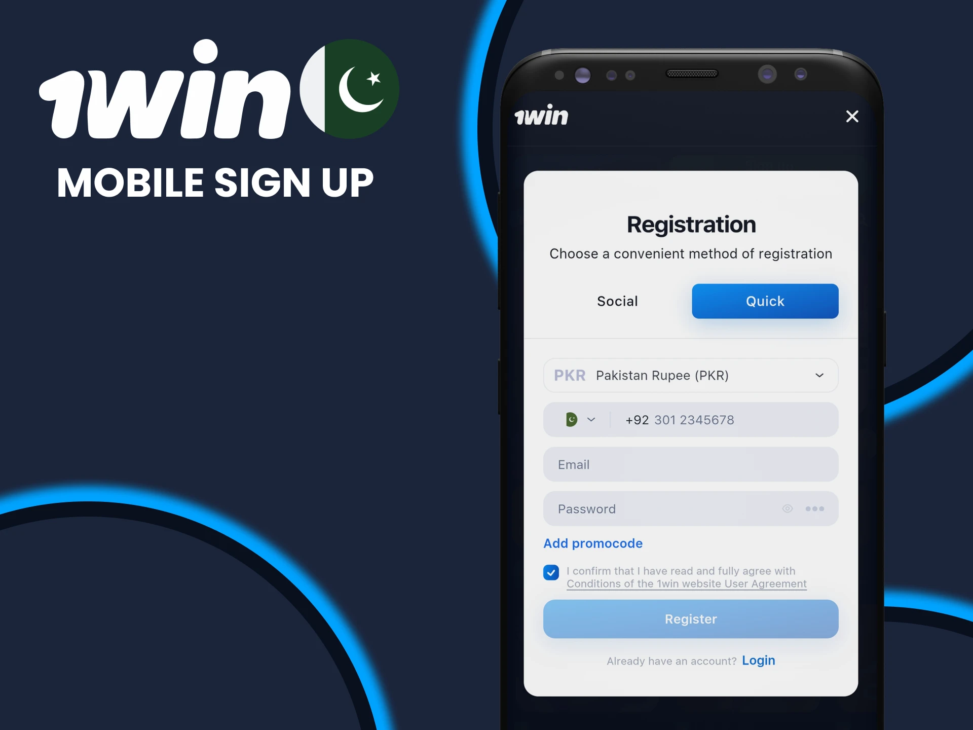 Use the 1win app for registration.