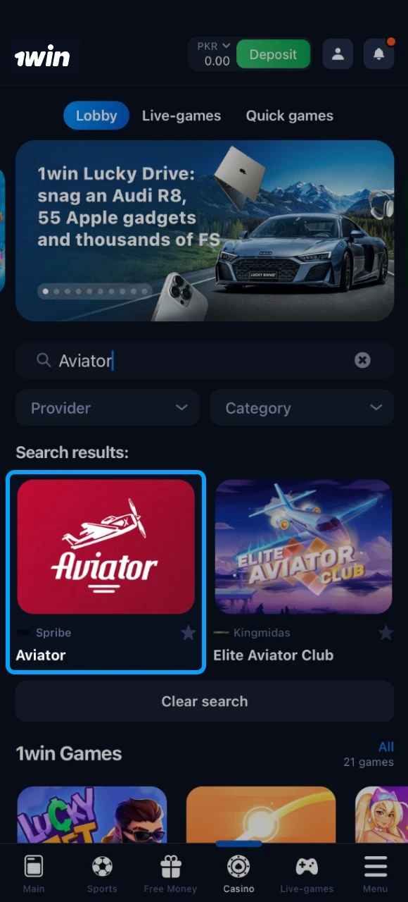 Find the game Aviator in the online casino 1win and start the game.